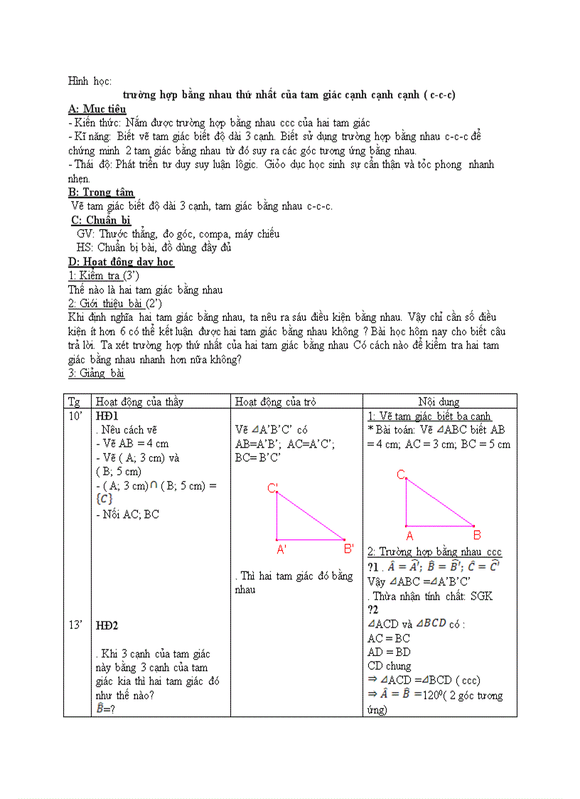 Hình học Trường hợp bằng nhau thứ nhất của tam giác cạnh cạnh cạnh c c c