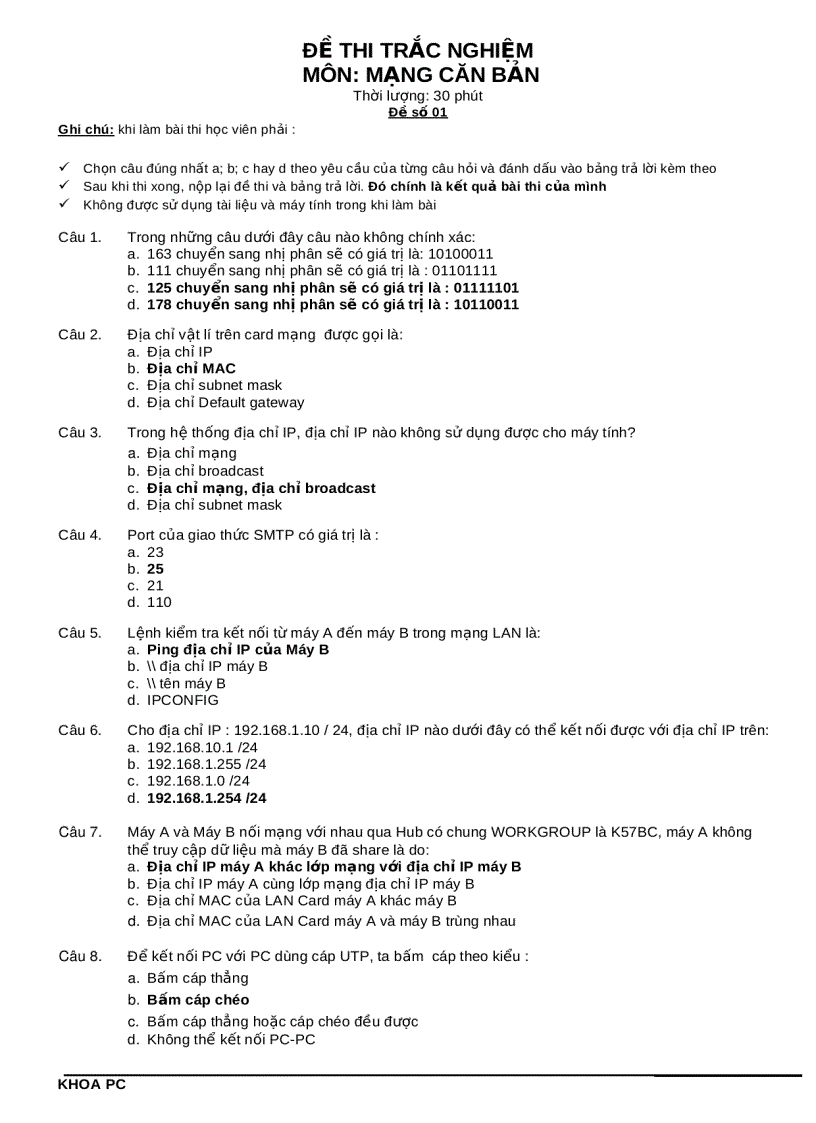 Đề thi trắc nghiệm môn Mạng căn bản