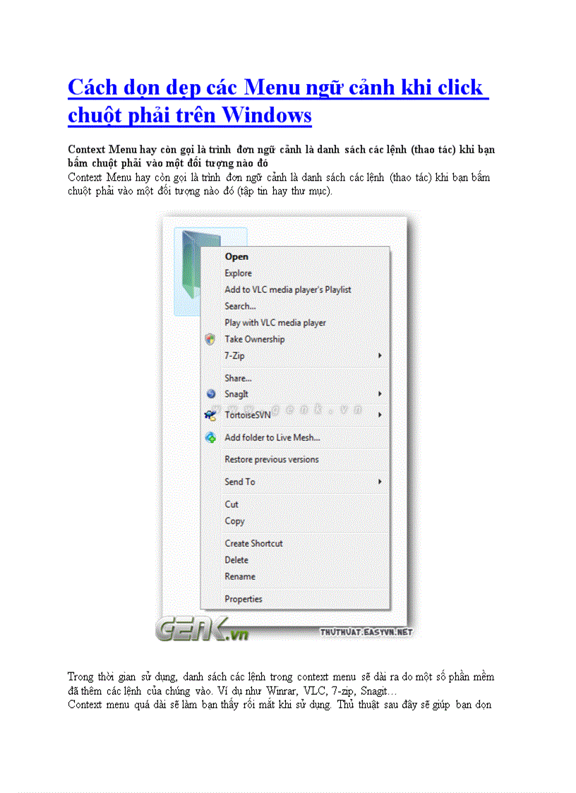 Cách dọn dẹp các Menu ngữ cảnh khi click chuột phải trên Windows