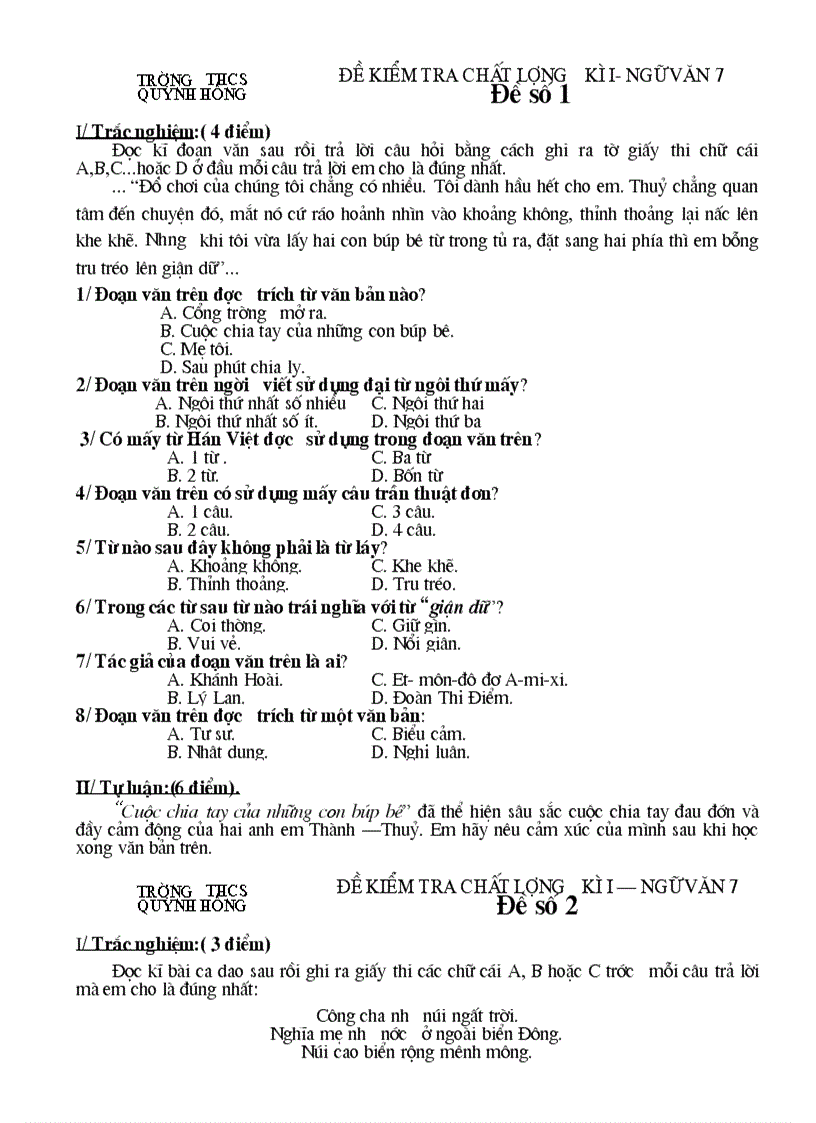Đề kiểm tra chất lượng Ngữ văn 7 HK I