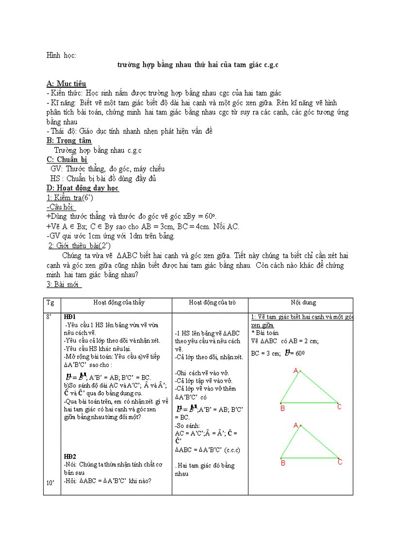 Hình học Trường hợp bằng nhau thứ hai của tam giác c g c