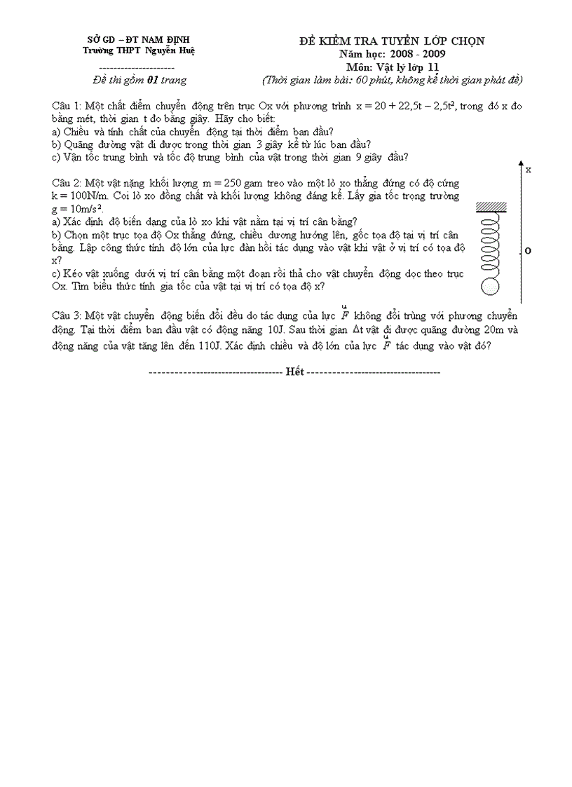 Đề thi tuyển lớp chọn môn Vật lý 11 THPT Nguyễn Huệ Nam Định 2008 2009