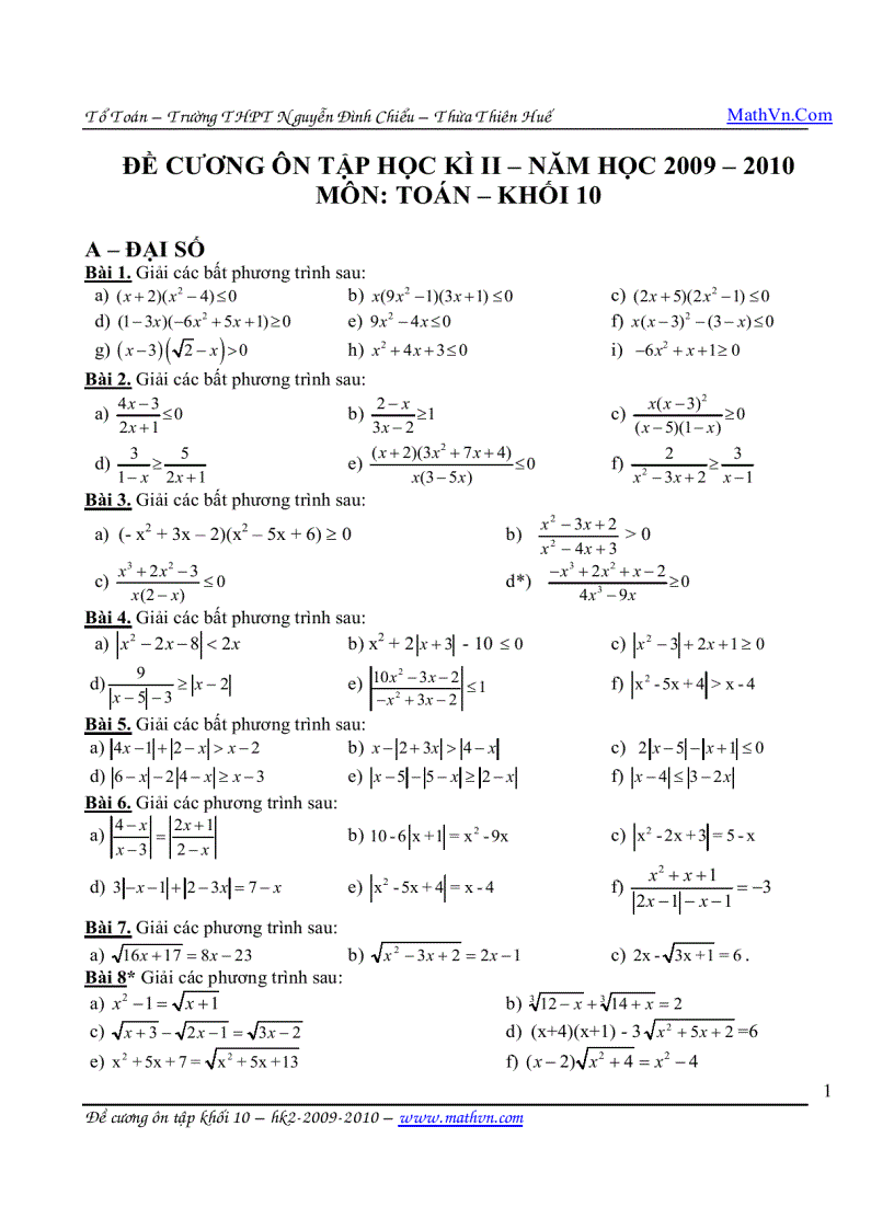 Ôn tập HK2 môn Toán 10 THPT Nguyễn Đình Chiểu tỉnh Thừa Thiên Huế 2009 2010