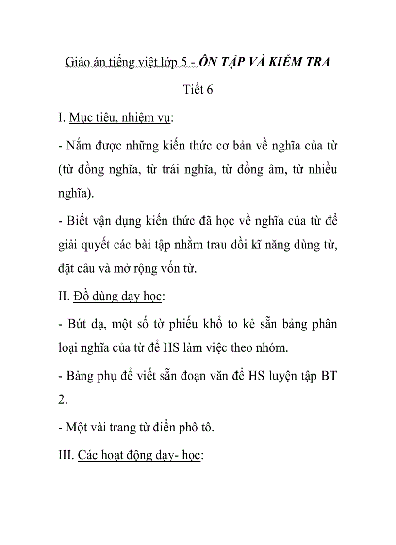 Giáo án tiếng việt lớp 5 ÔN TẬP VÀ KIỂM TRA Tiết 6