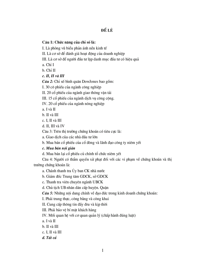 Đề thi học phần cơ bản Trung tâm NCKH ĐT chứng khoán STRC 1