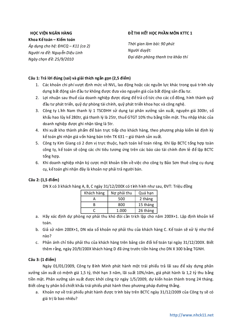 Đề thi kế toán tài chính K11 20 12 2010 Ca 2