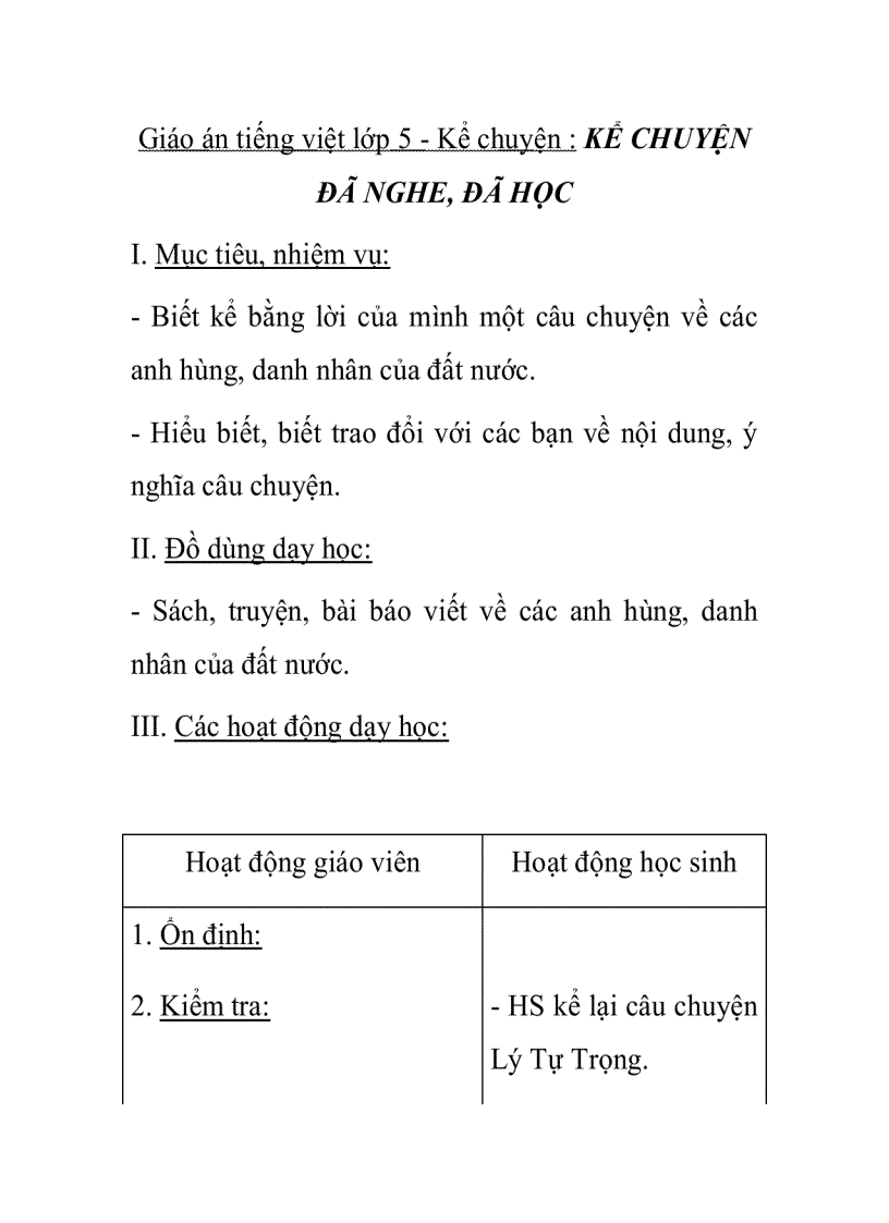 Giáo án tiếng việt lớp 5 Kể chuyện KỂ CHUYỆN ĐÃ NGHE ĐÃ HỌC