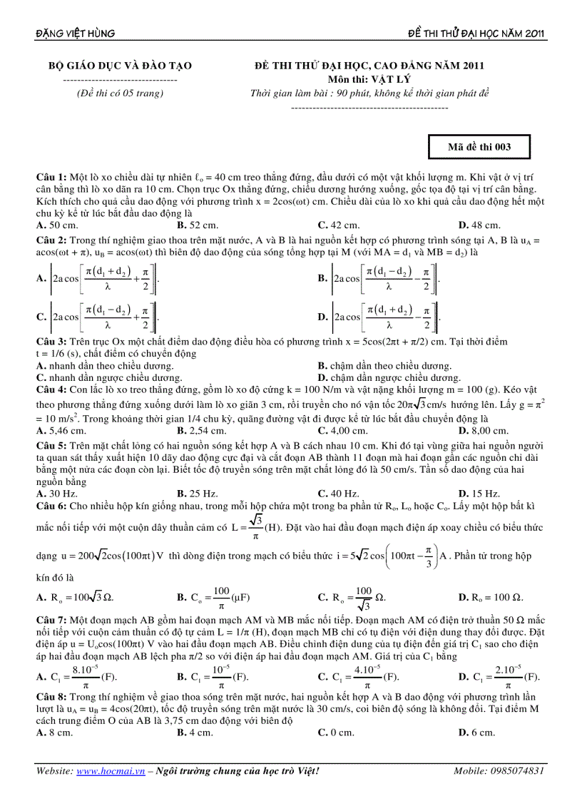 De thi thu môn vật lý Dai hoc 2011 Hocmai vn De 003