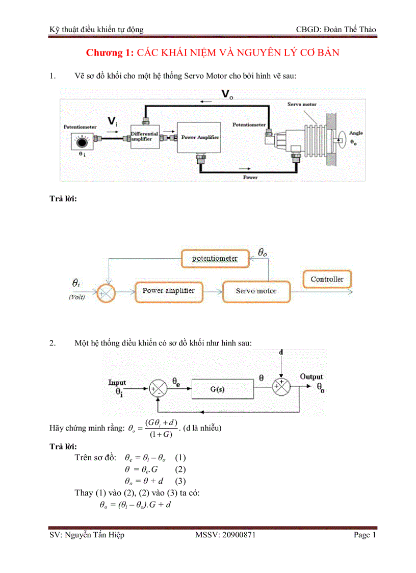 Bài tập Chương 1 Kỹ thuật điều khiển tự động