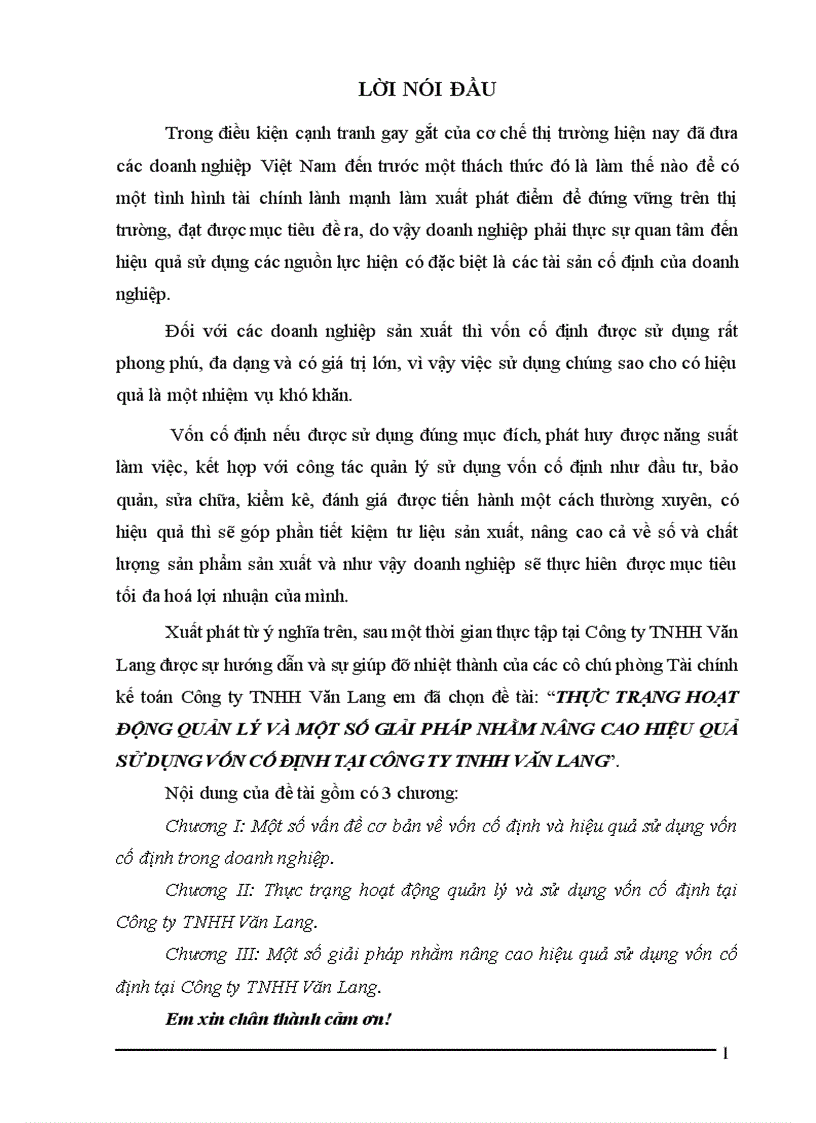 Thực trạng hoạt động quản lý và một số giải pháp nhằm nâng cao hiệu quả sử dụng vốn cố định tại công ty tnhh văn lang