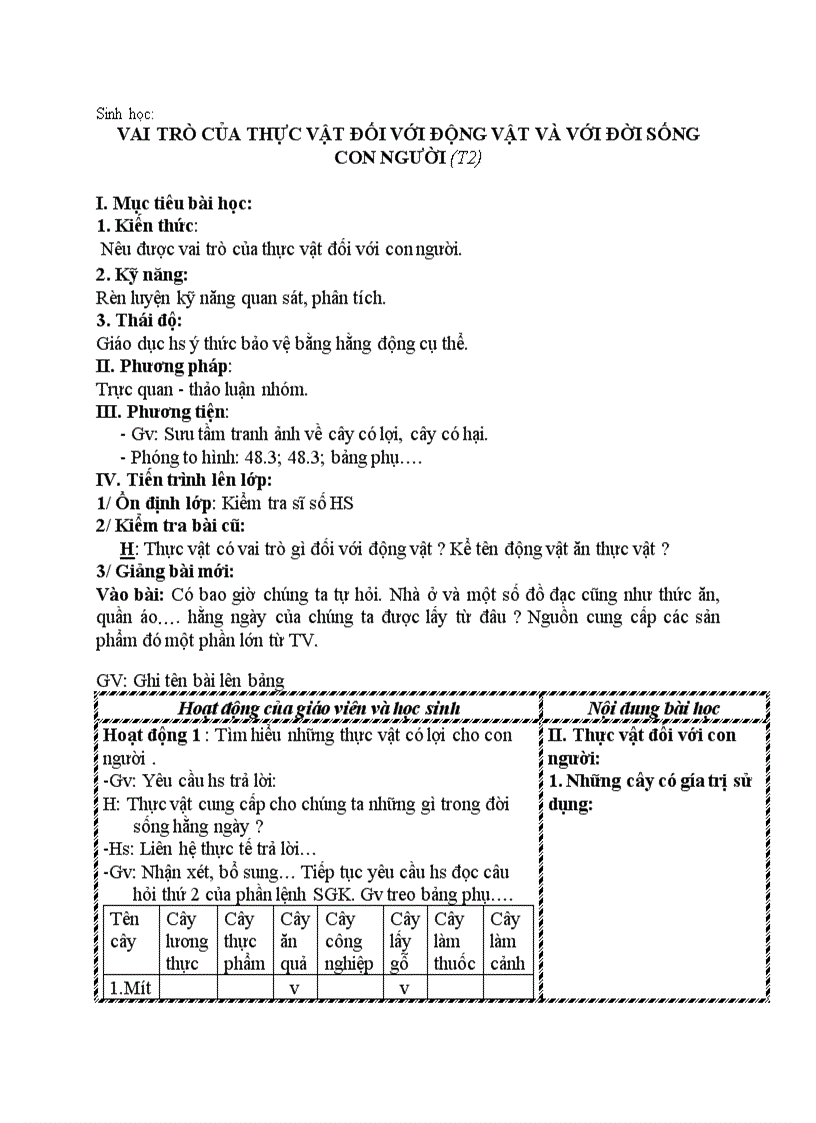 Sinh học VAI TRÒ CỦA THỰC VẬT ĐỐI VỚI ĐỘNG VẬT VÀ VỚI ĐỜI SỐNG CON NGƯỜI T2