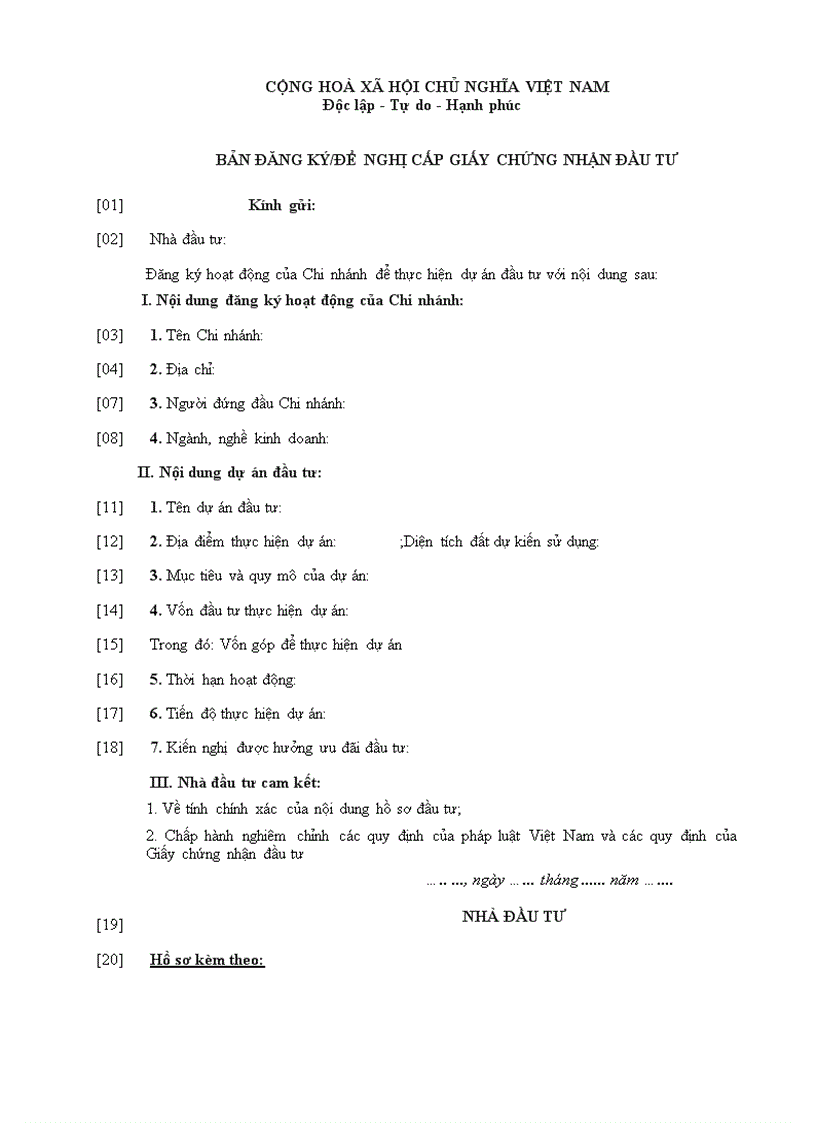 Bản đăng ký đề nghị cấp Giấy chứng nhận đầu tư đối với trường hợp gắn với thành lập Chi nhánh