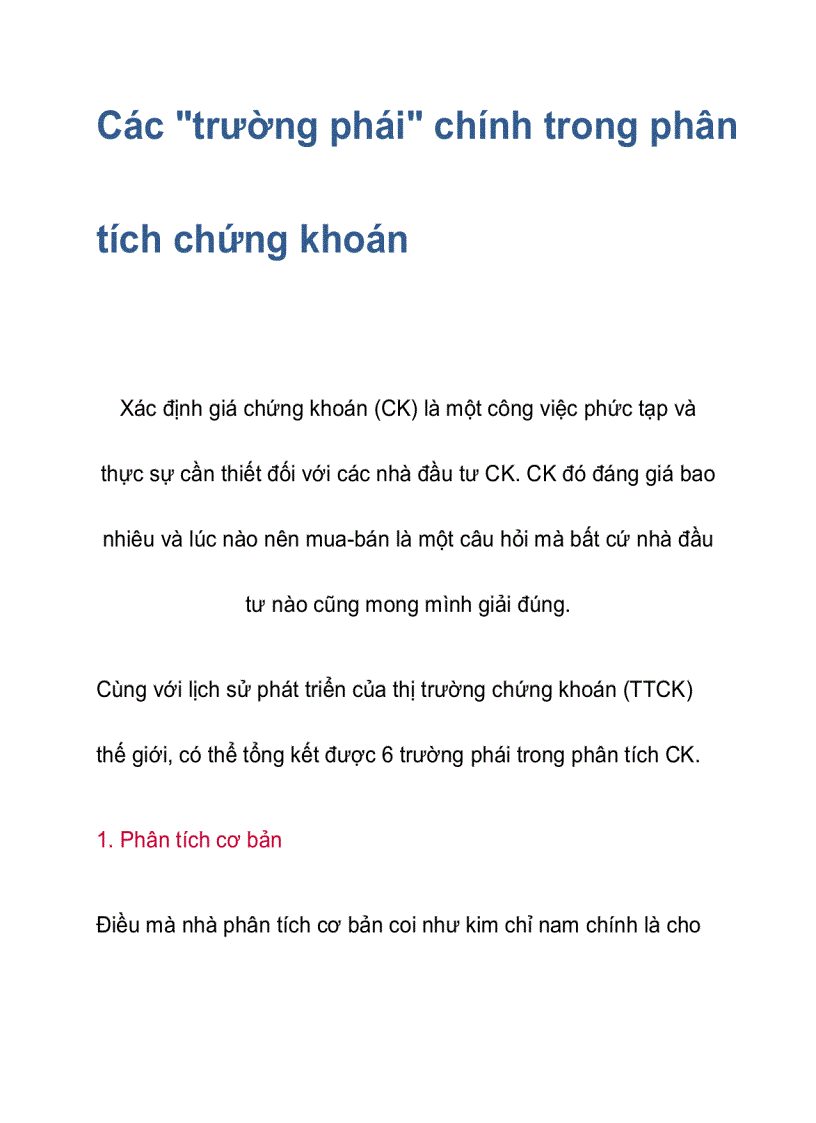 Các trườhng phái chính trong phân tích chứng khoán