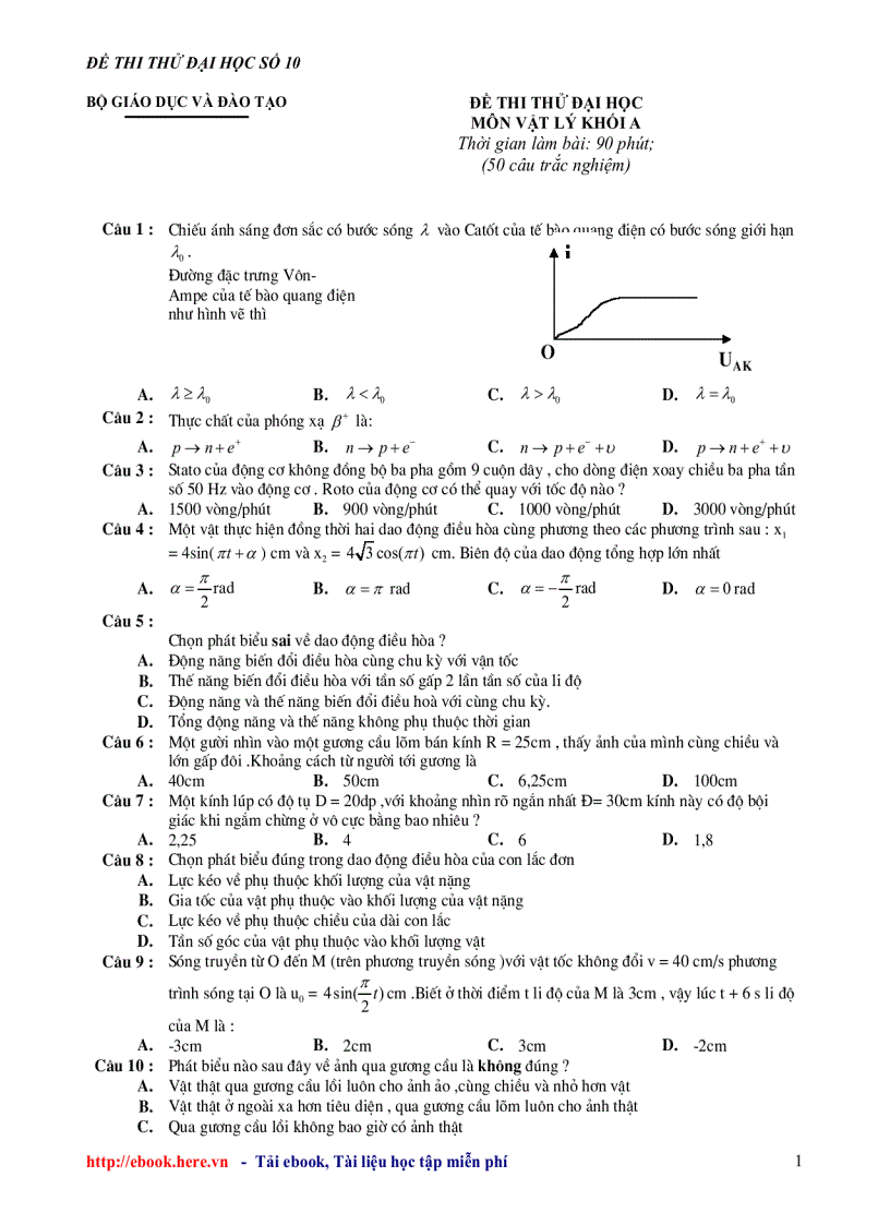 Đề thi thử đại học môn vật lý đề số 10