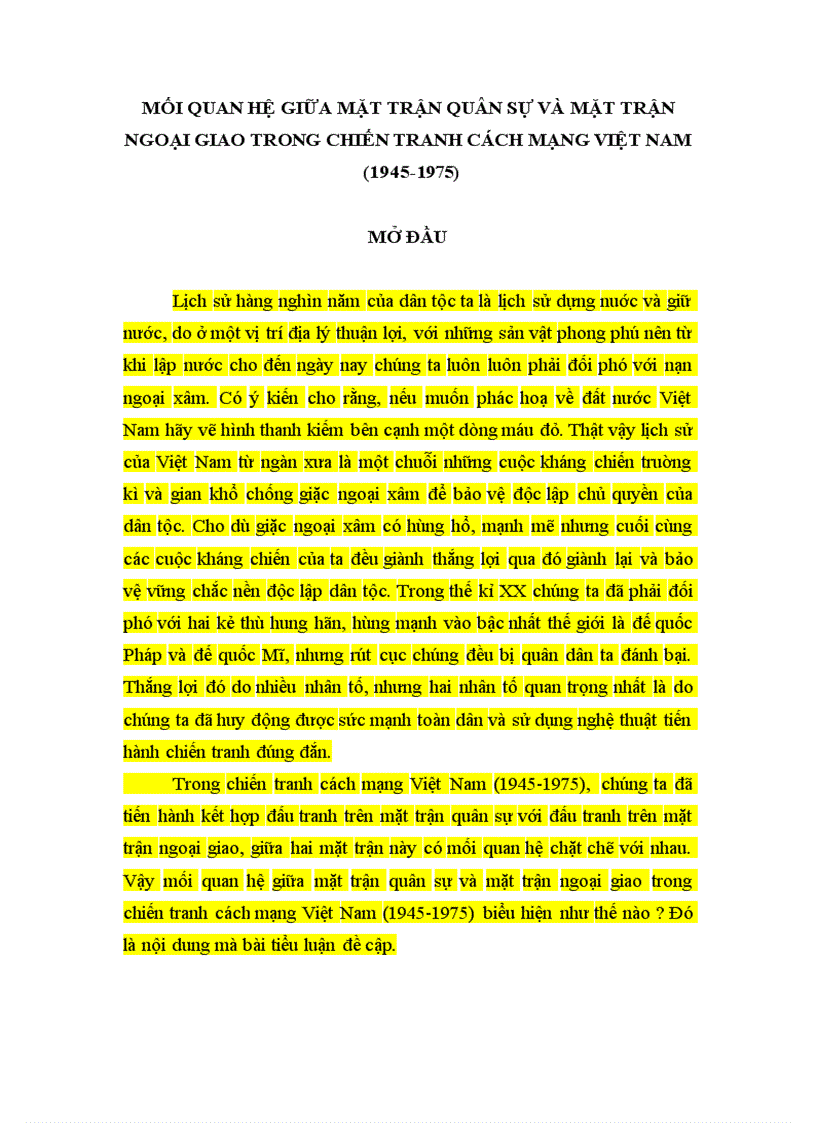 Mối quan hệ giữa mặt trận quân sự và mặt trận ngoại giao trong chiến tranh cách mạng việt nam 1945 1975