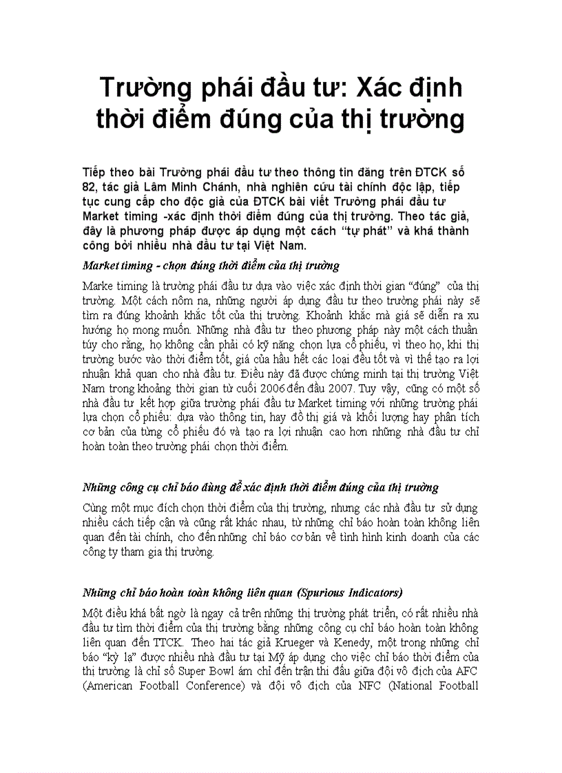 Trường phái đầu tư Xác định thời điểm đúng của thị trường