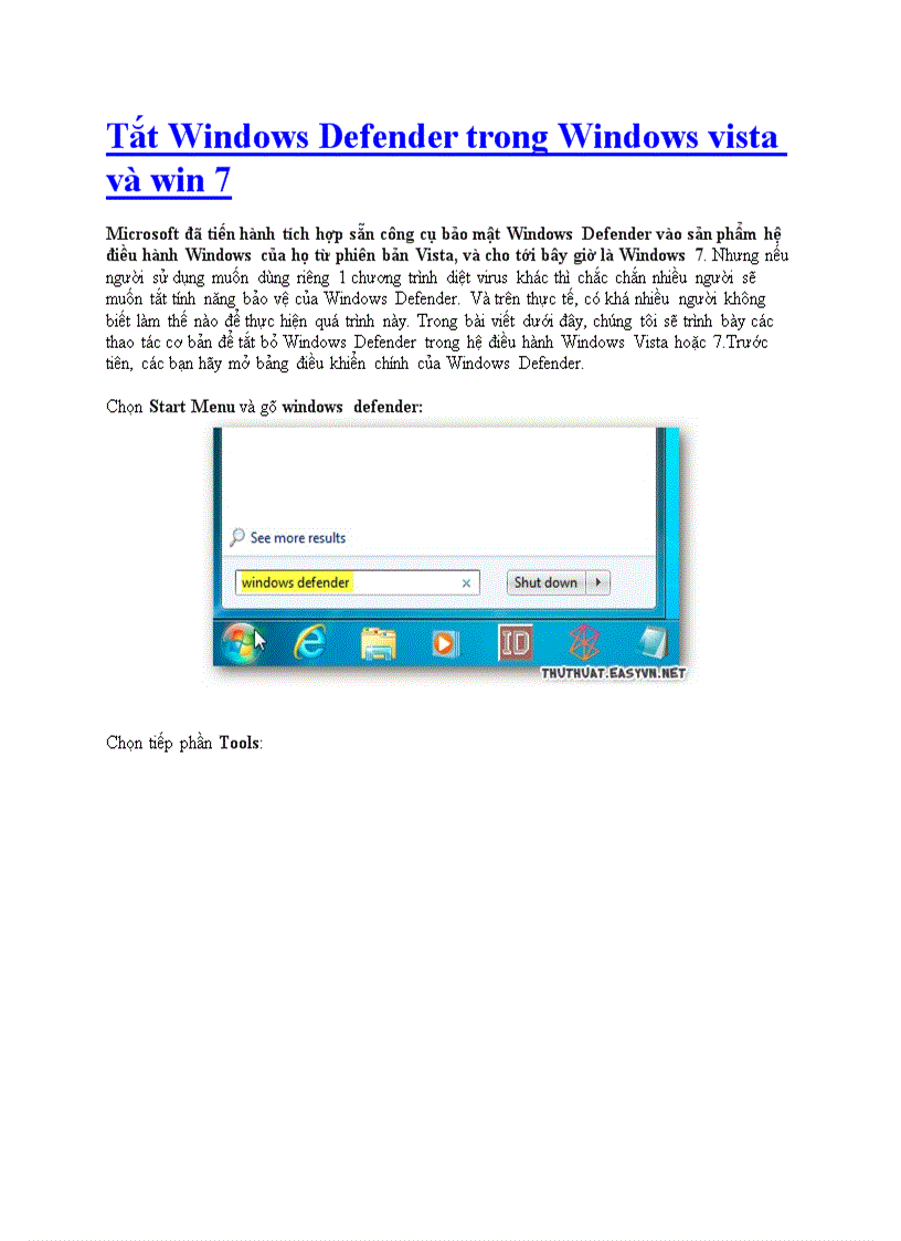 Tắt Windows Defender trong Windows vista và win 7