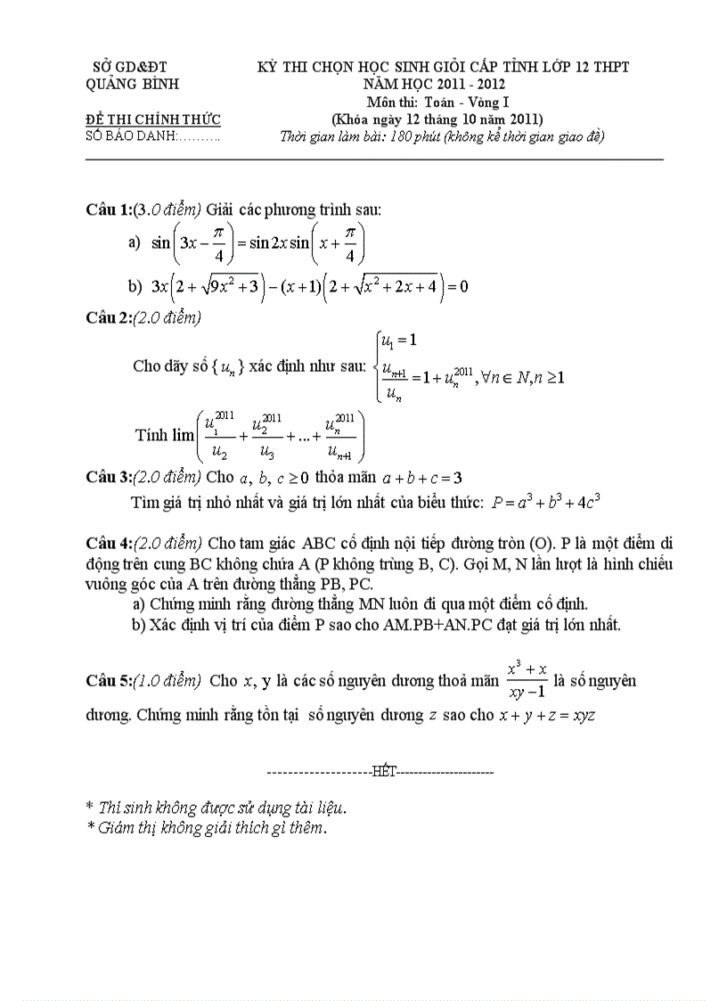 Download Đề thi và đáp án kỳ thi chọn HSG lớp 12 môn Toán năm học 2011 2012 tỉnh Quảng Bình vòng 1 doc