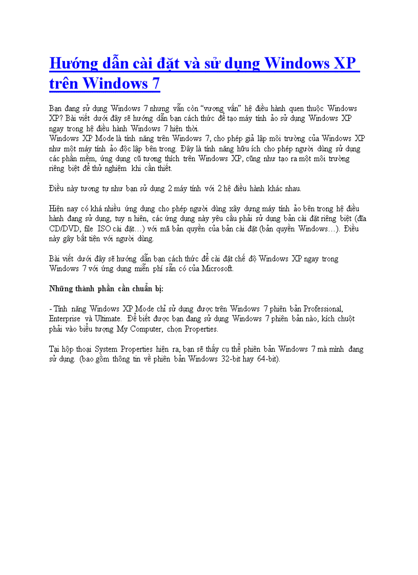 Hướng dẫn cài đặt và sử dụng Windows XP trên Windows 7
