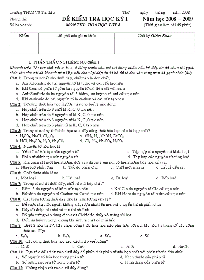 Đề thi học kì 1 môn Hóa 8 THCS Võ Thi Sáu Bình Thuận 2008 2009