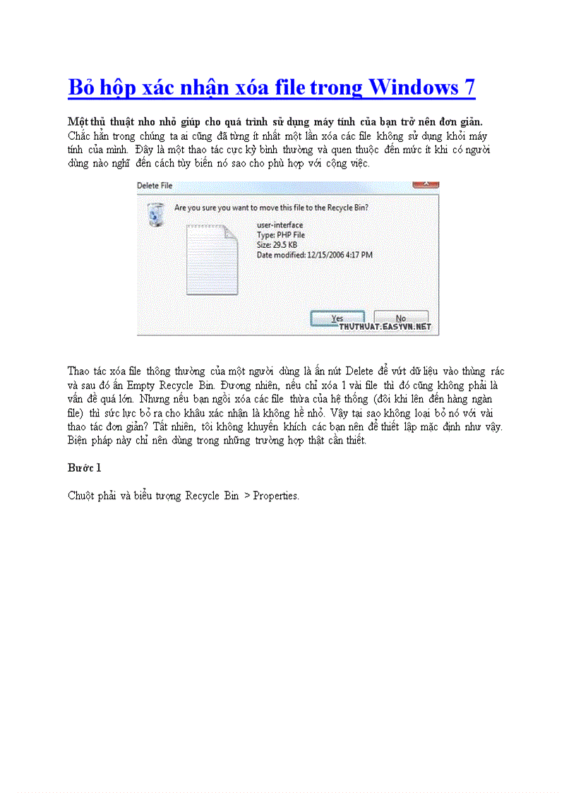 Bỏ hộp xác nhận xóa file trong Windows 7