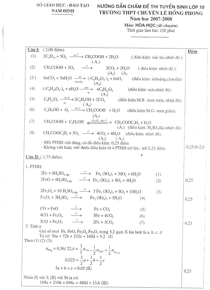 Đáp án đề thi tuyển sinh môn Hóa học vào THPT chuyên Lê Hồng Phong Nam Định 2007
