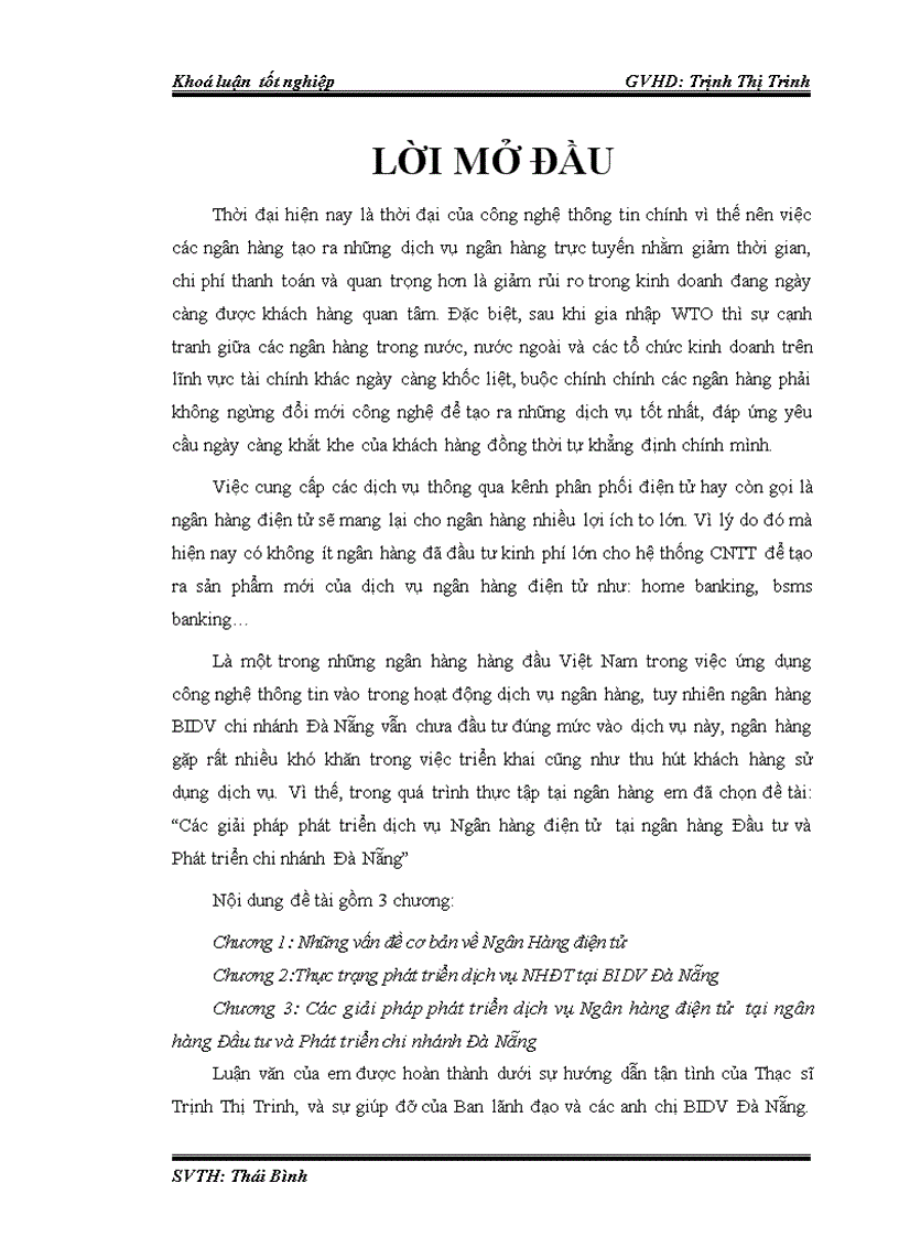 Các giải pháp phát triển dịch vụ Ngân hàng điện tử tại ngân hàng Đầu tư và Phát triển chi nhánh Đà Nẵng