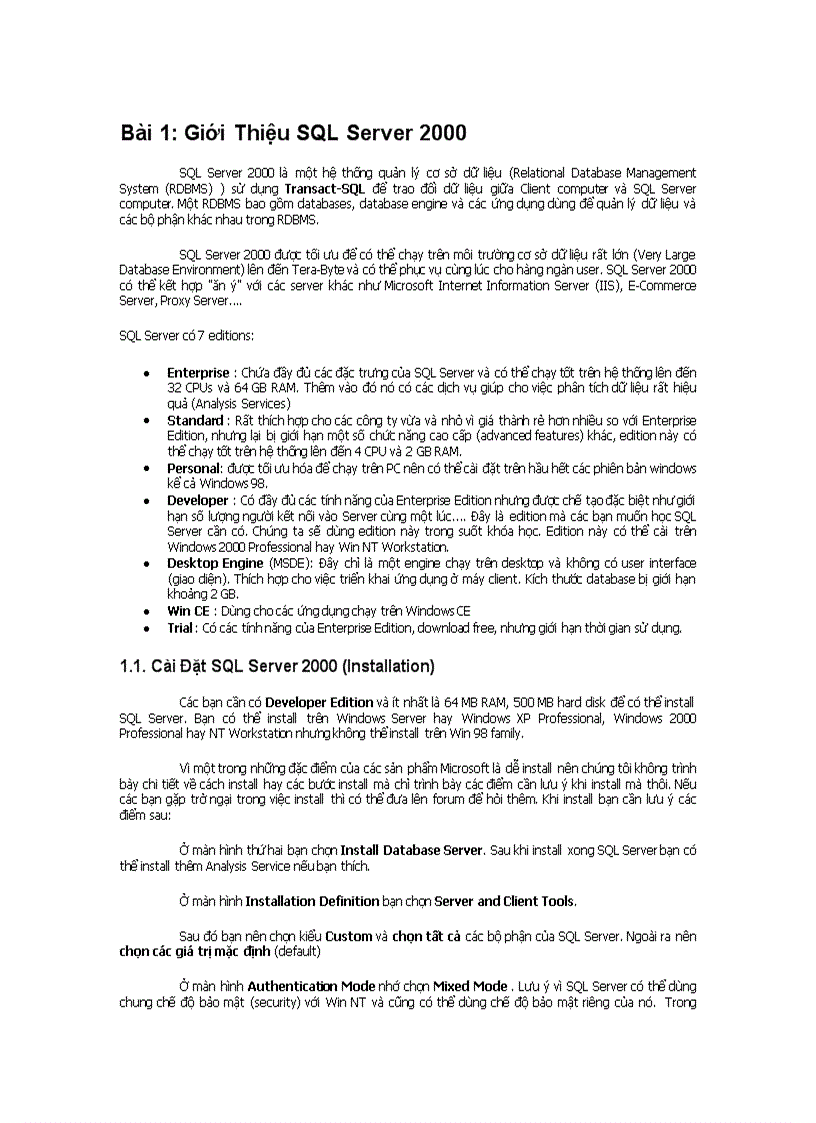 Giáo trình SQL Server 2000 Tiếng việt