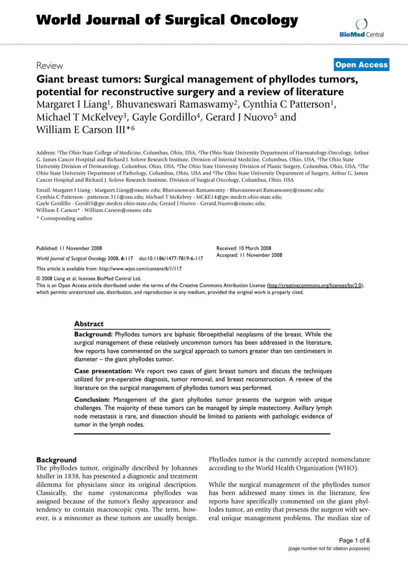 Báo cáo khoa học Giant breast tumors Surgical management of phyllodes tumors potential for reconstructive surgery and a review of literature