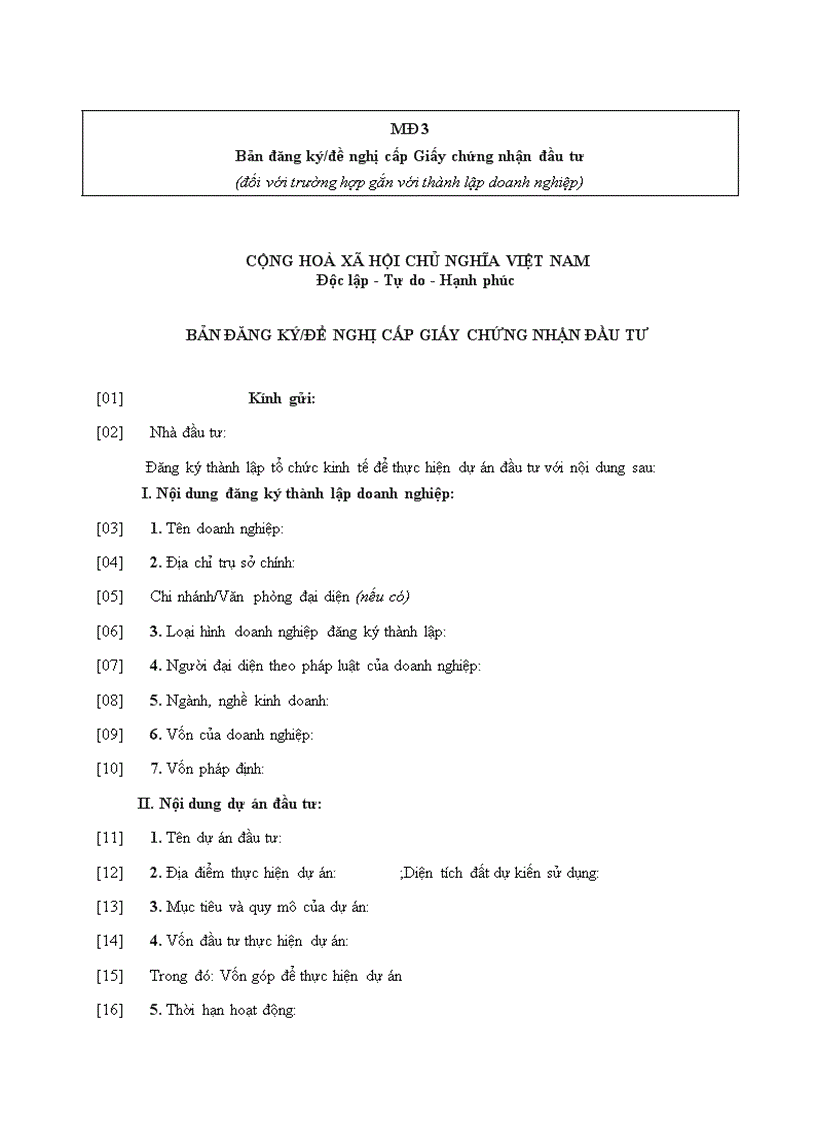Bản đăng ký đề nghị cấp Giấy chứng nhận đầu tư đối với trường hợp gắn với thành lập doanh nghiệp