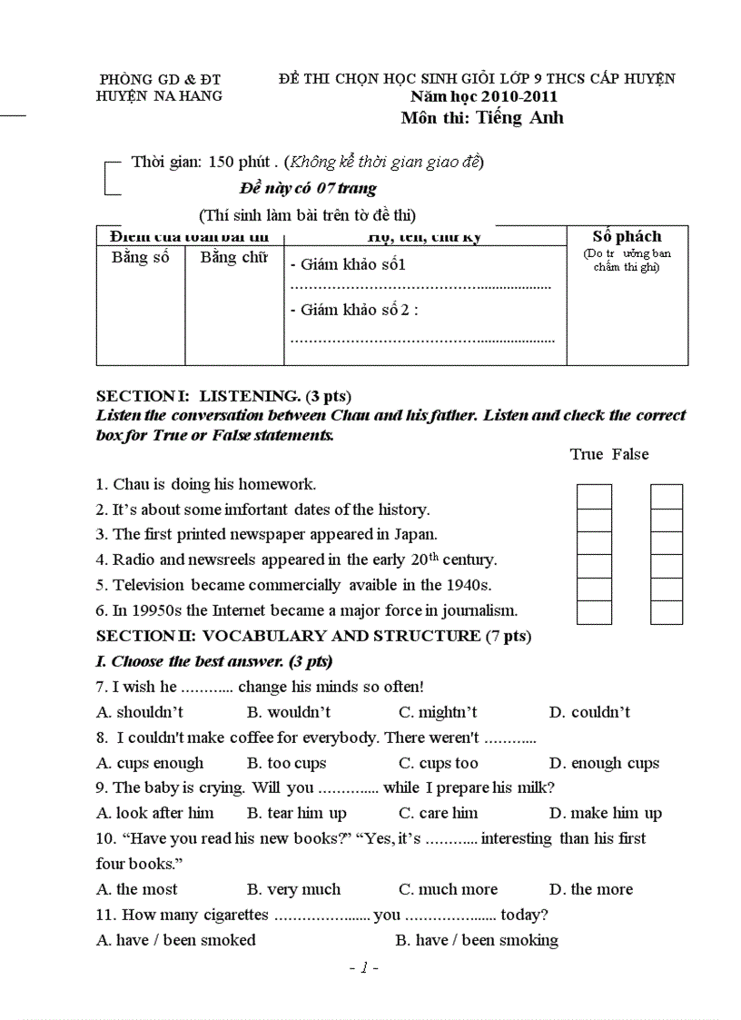 Đề thi học sinh giỏi tiếng anh lớp 9 cấp huyện 2010 2011
