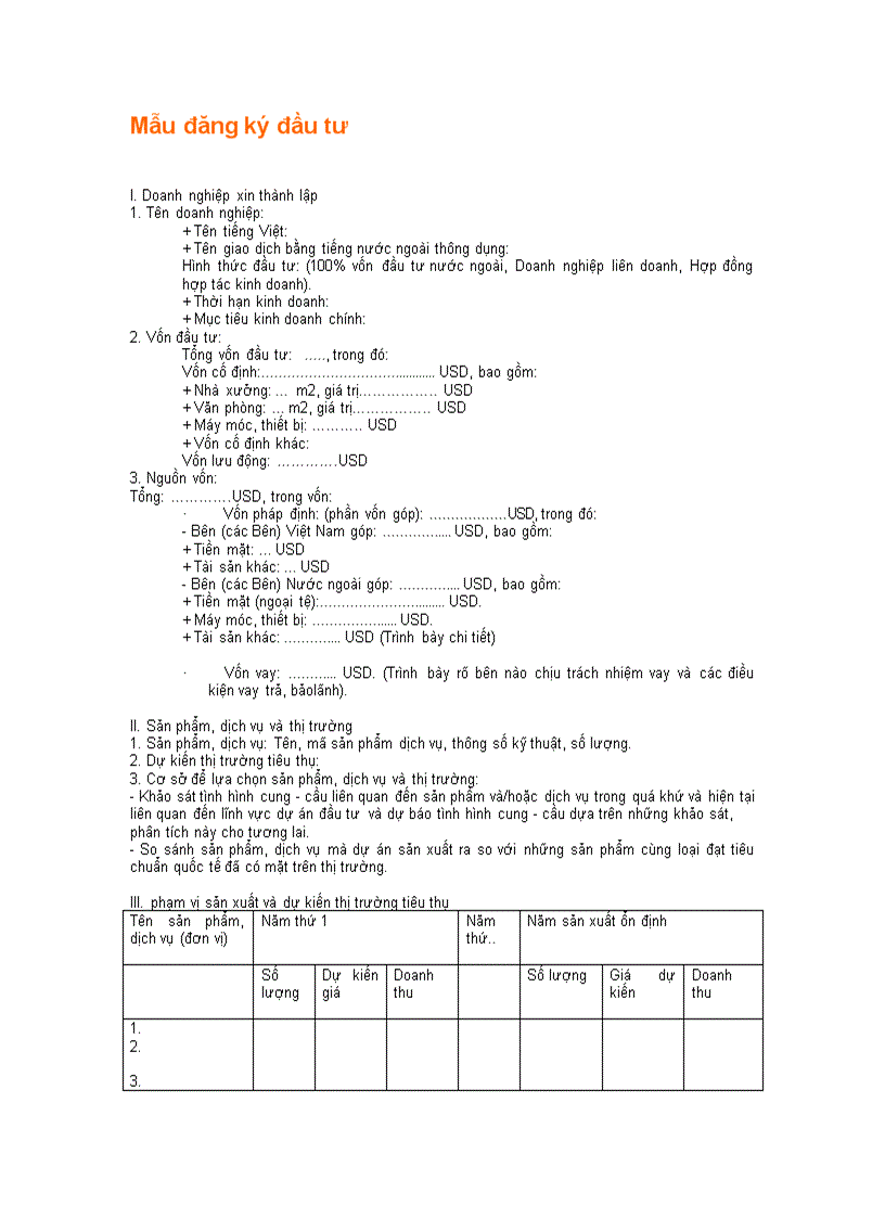 Mẫu đăng ký đầu tư