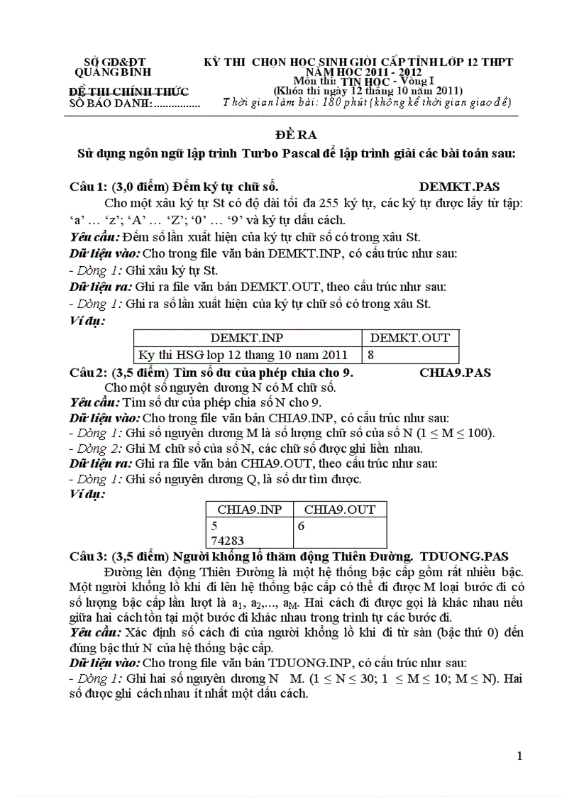 Download đề và đáp án kỳ thi HSG lớp 12 môn tin học tỉnh Quảng Bình năm học 2011 2012 vòng 1 1