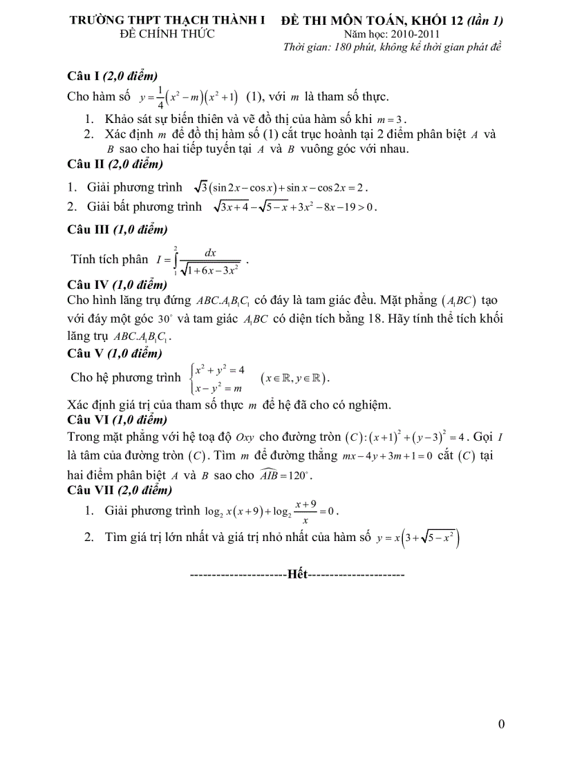 Thi thử đh lần thứ 1 thpt thạch thành