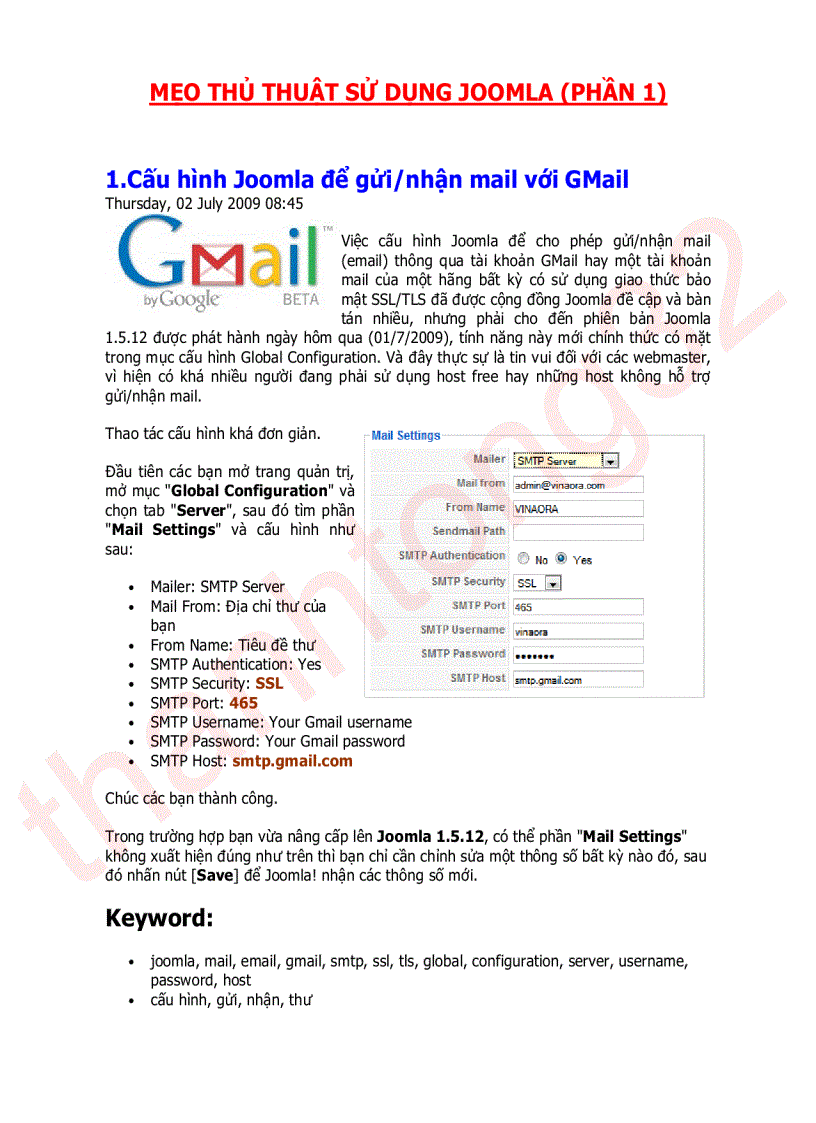 Cấu hình Joomla để gửi nhận mail với GMail