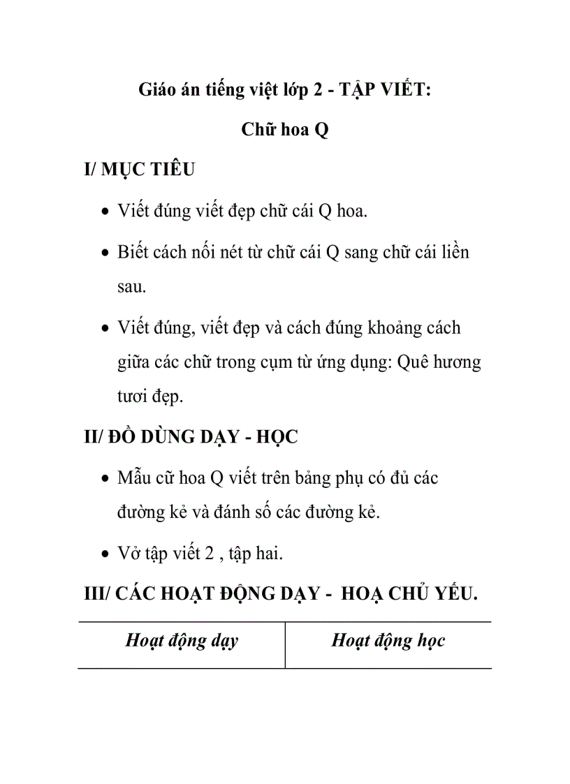 Giáo án tiếng việt lớp 2 TẬP VIẾT Chữ hoa Q