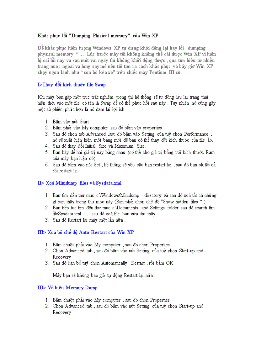 Khắc phục lỗi Dumping Phisical memory của Win XP