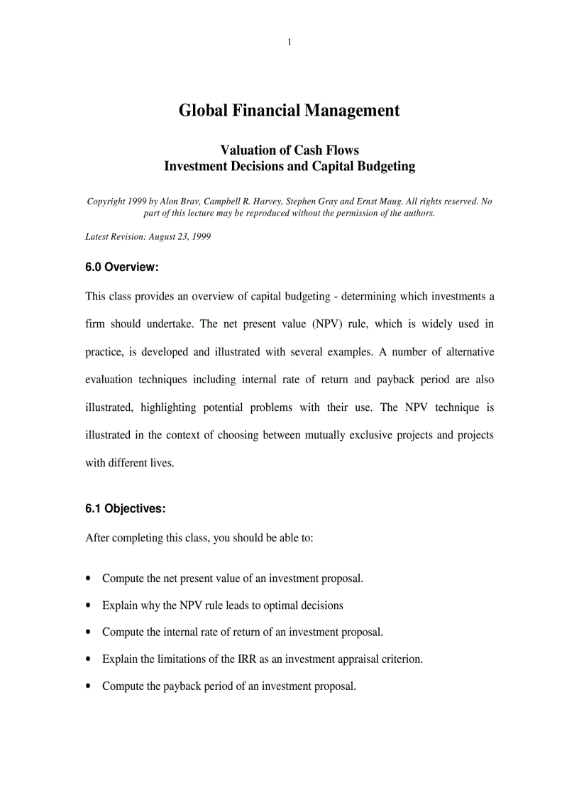 Valuation of Cash Flows Investment Decisions and Capital Budgeting