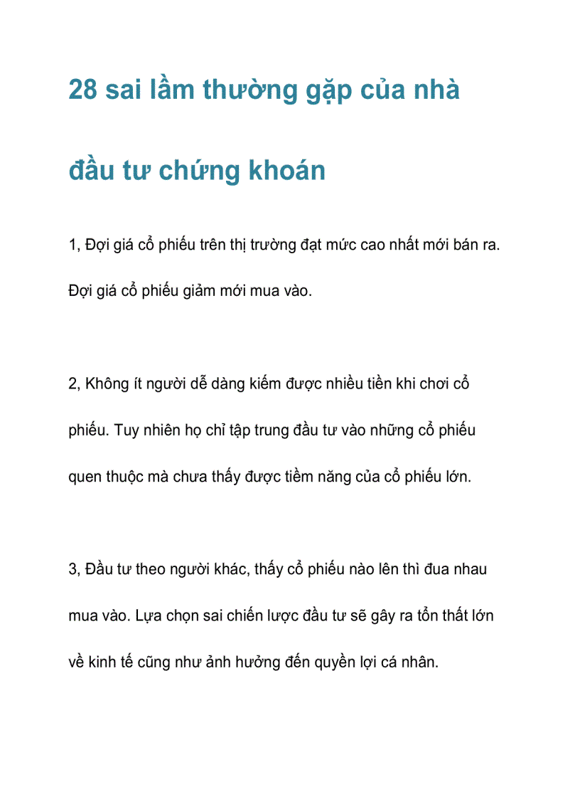 28 sai lầm thường gặp của nhà đầu tư chứng khoán