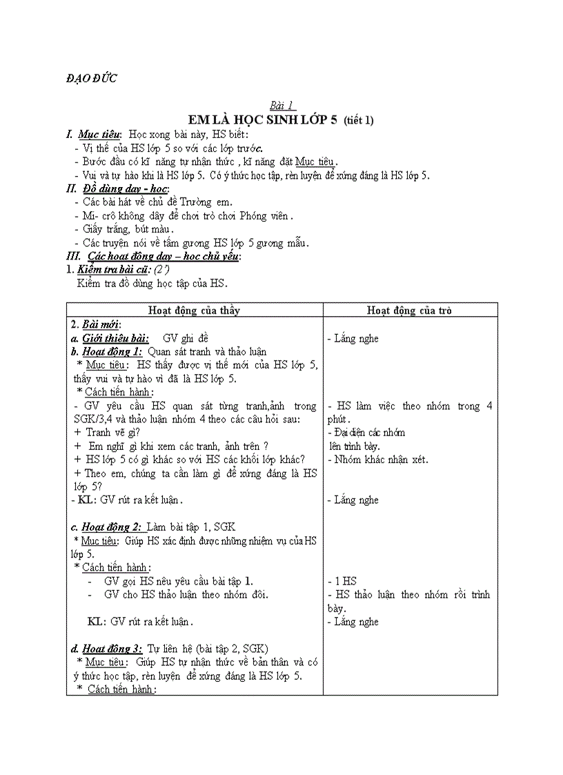 ĐẠO ĐỨC EM LÀ HỌC SINH LỚP 5 tiết 1