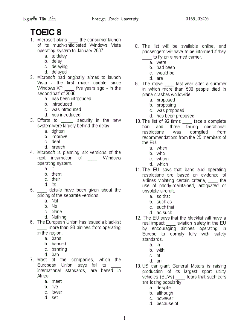 MASTER PART 5 TOEIC 08 Nguyễn Tân Tiến