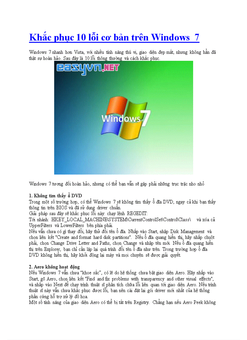 Khắc phục 10 lỗi cơ bản trên Windows 7