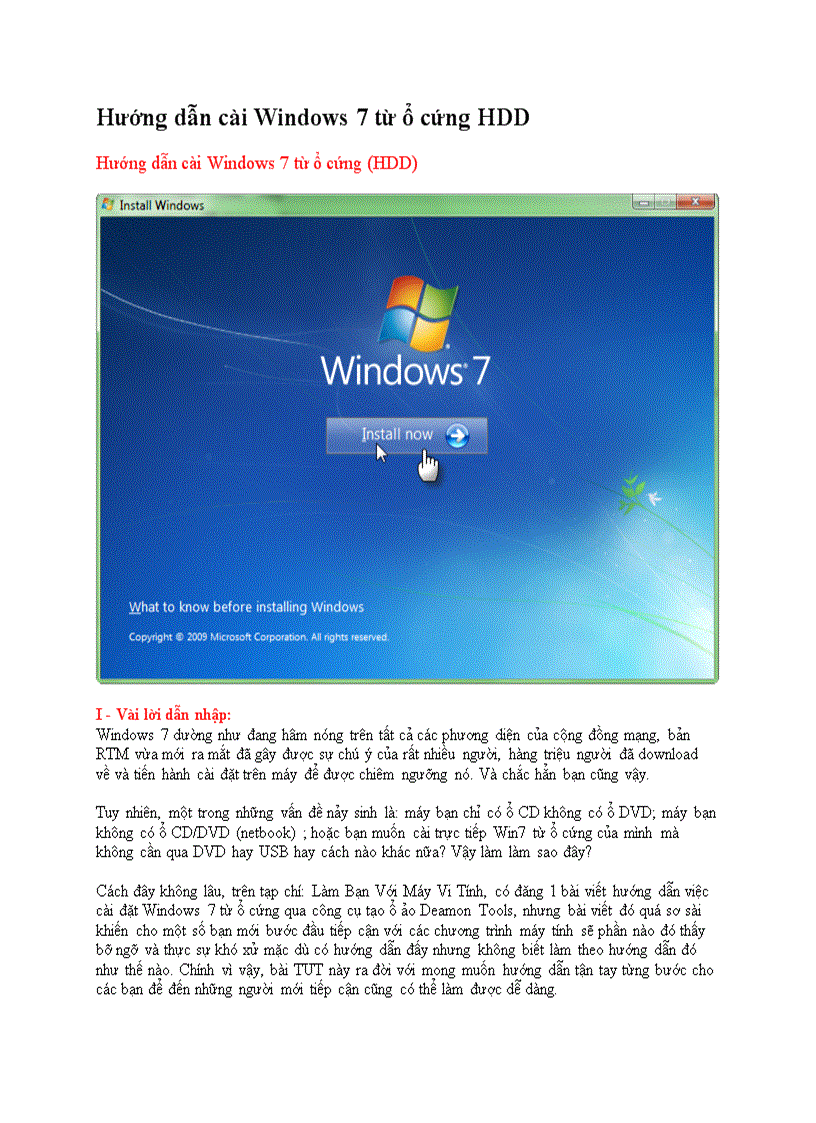 Hướng dẫn cài Windows 7 từ ổ cứng HDD