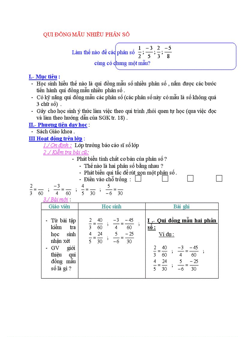 Toán QUI ĐỒNG MẪU NHIỀU PHÂN SỐ