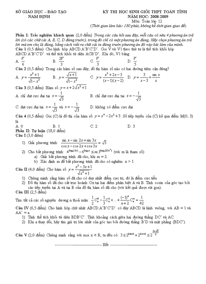 Đề thi HSG môn Toán 12 Sở GDĐT Nam Định 2008 2009