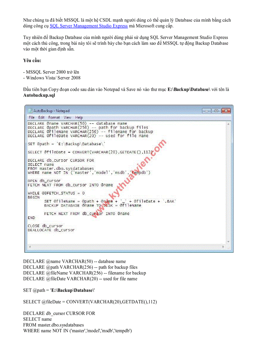 Scheduler Auto Backup MS SQL Server Database Tự động sao lưu CSDL MS SQL Sever định kỳ