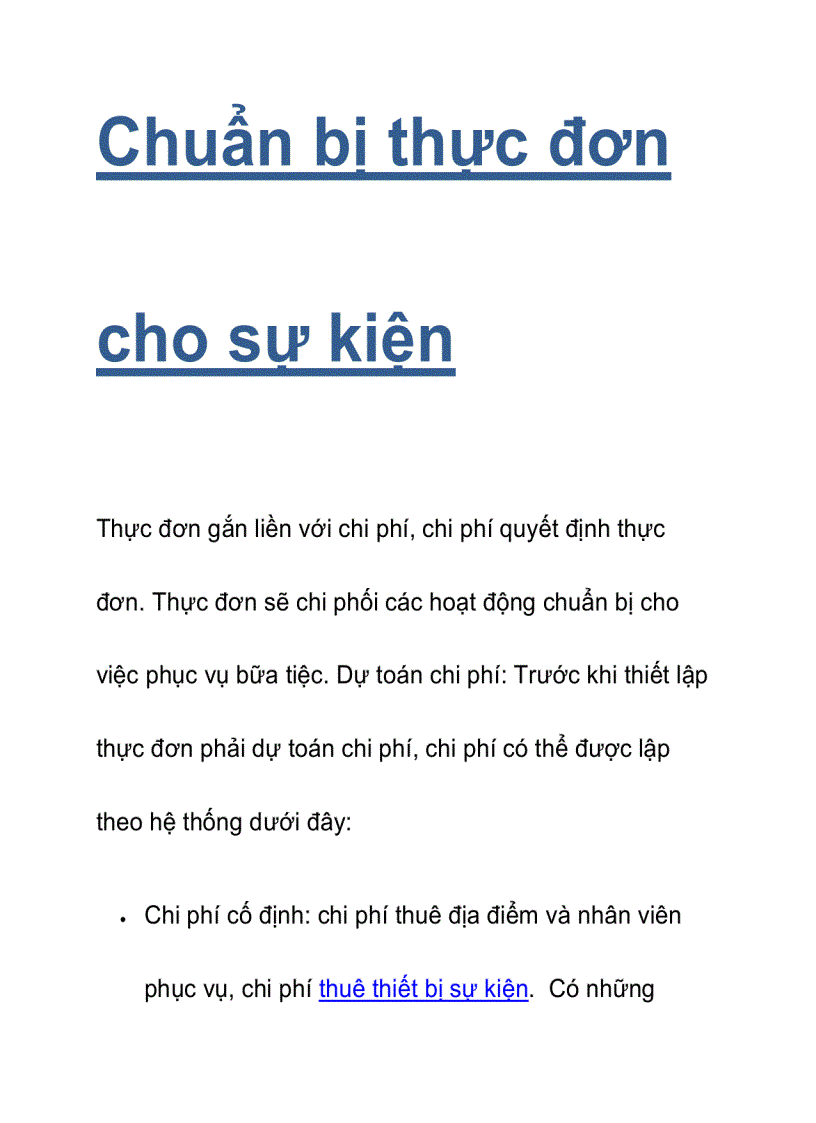 Chuẩn bị thực đơn cho sự kiện