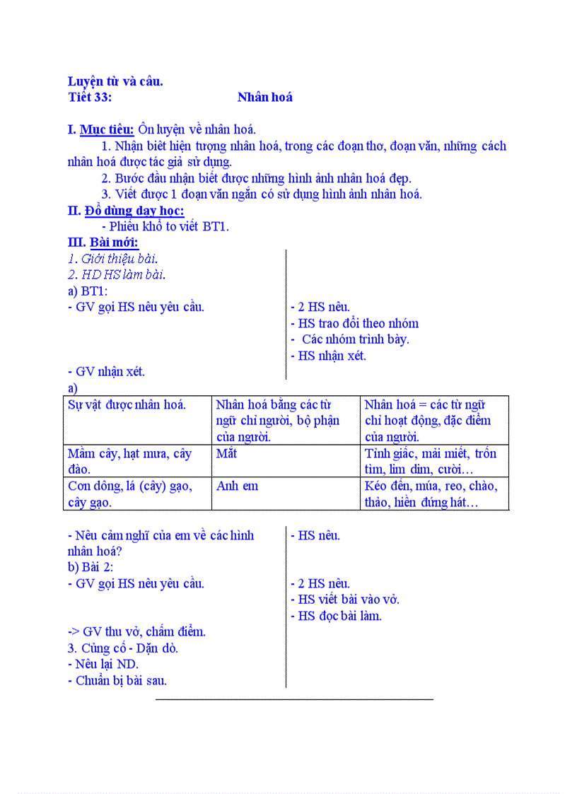 Luyện từ và câu Nhân hoá