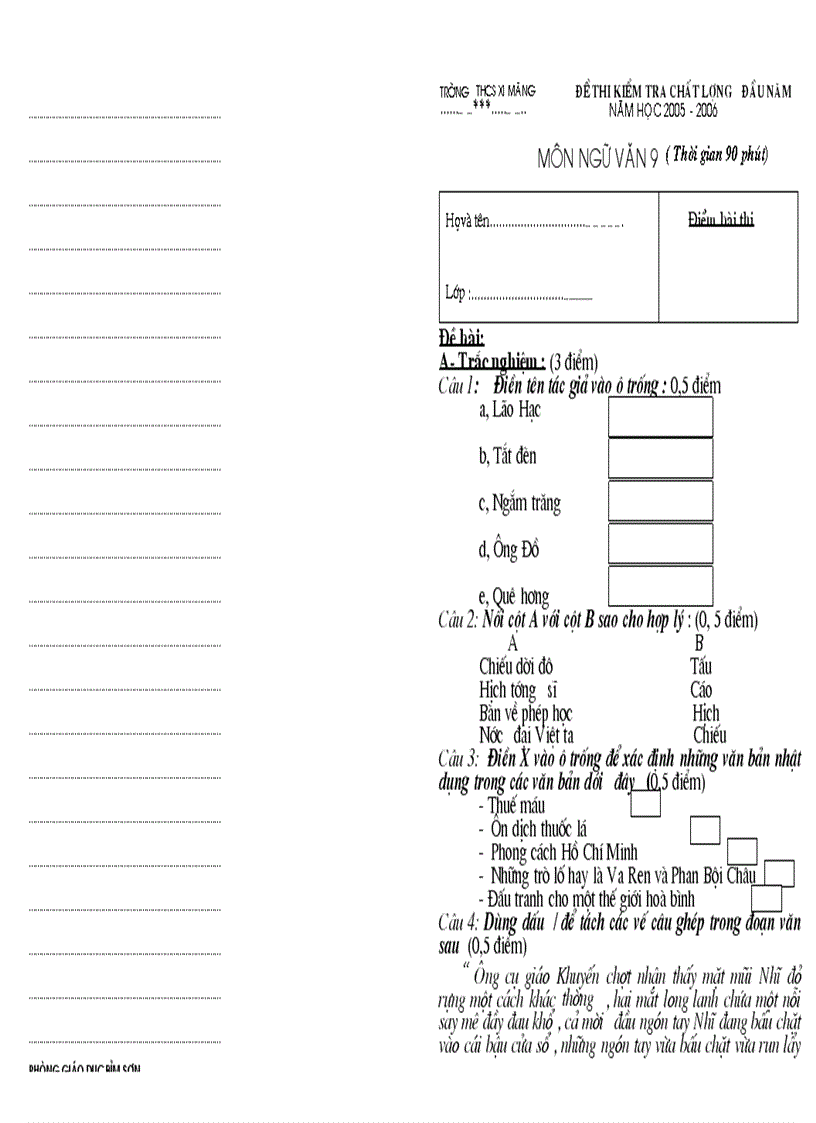 Đề kiểm tra Ngữ văn 9 năm học 2005 2006