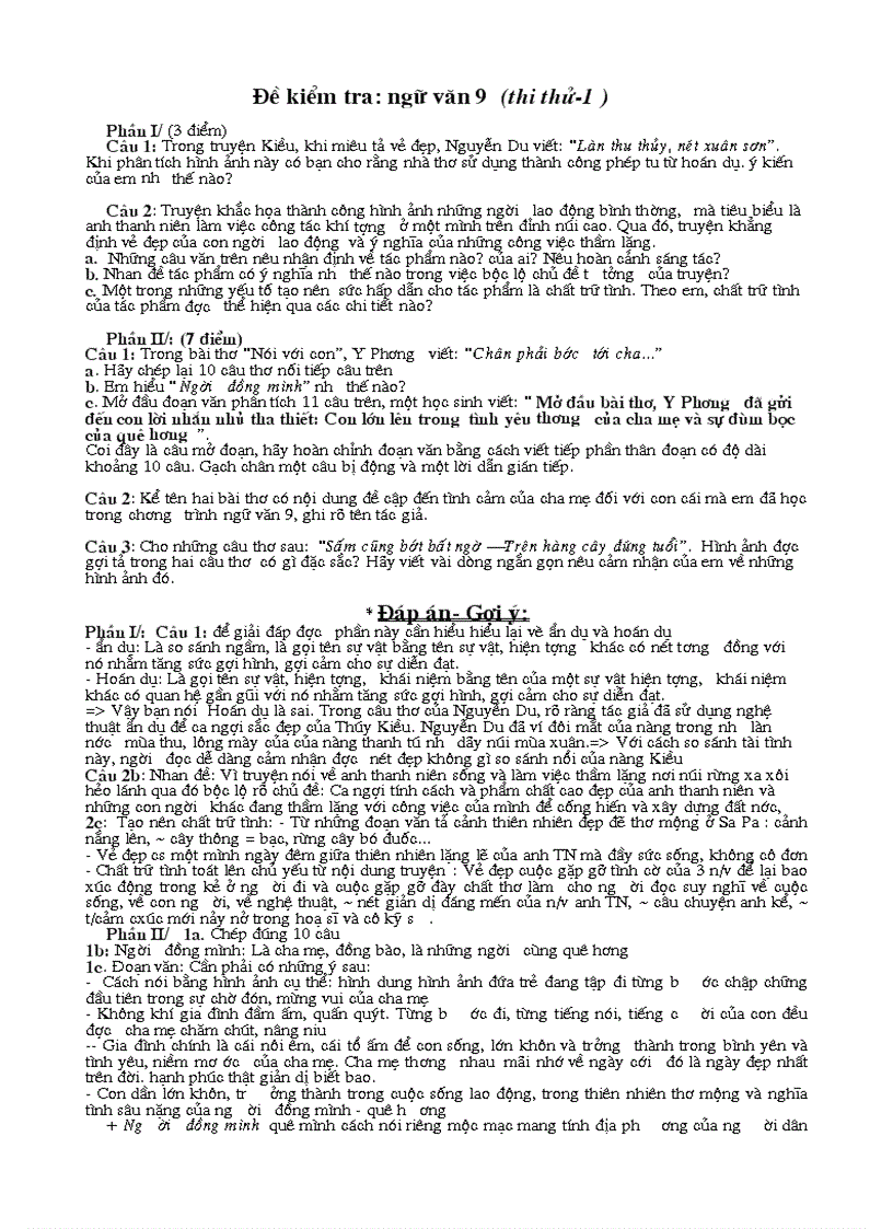 Đè kiểm tra ngữ văn 9 có gợi ý